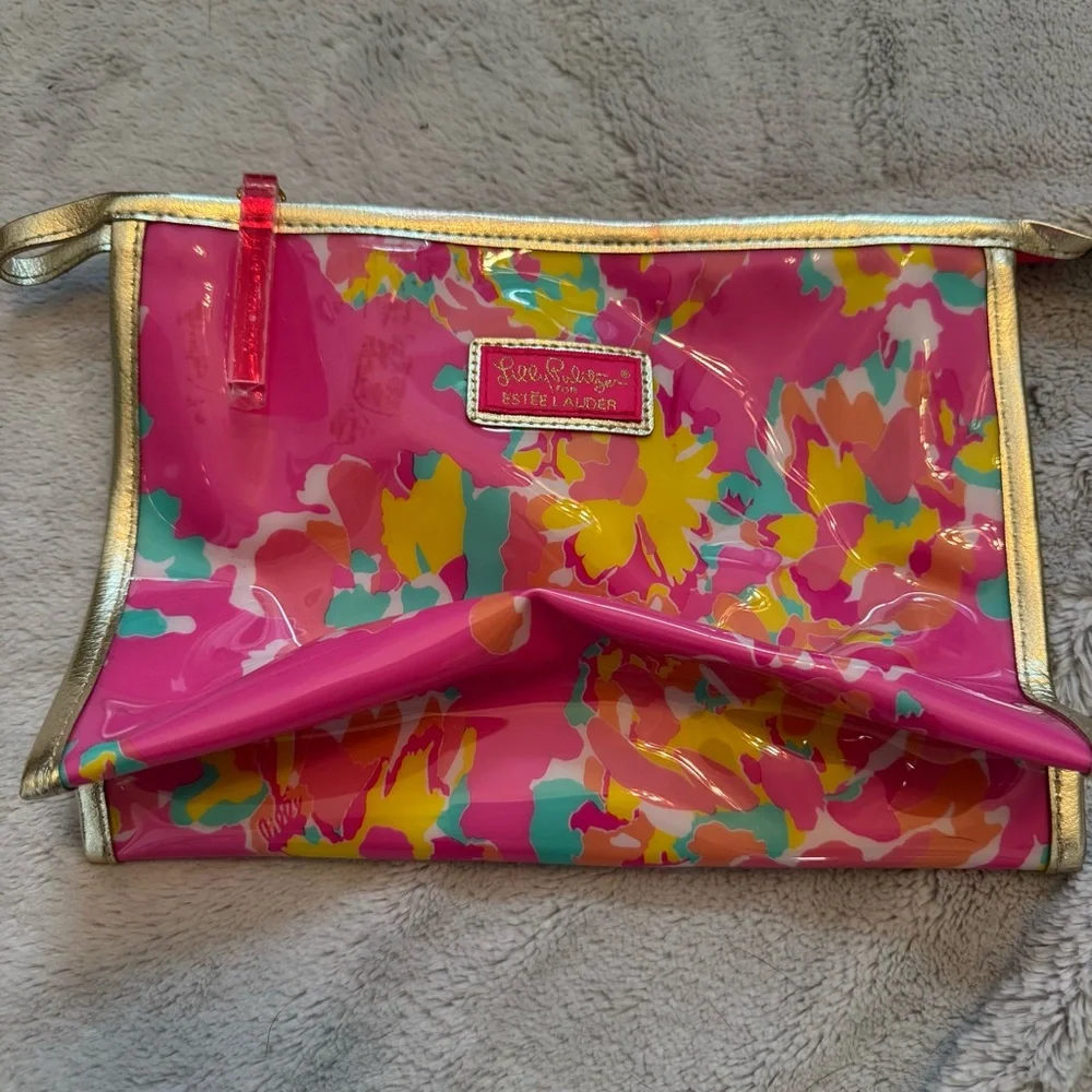 Lilly Pulitzer for Estée Lauder Floral Cosmetic Bag Pink Gold Trim Makeup‎